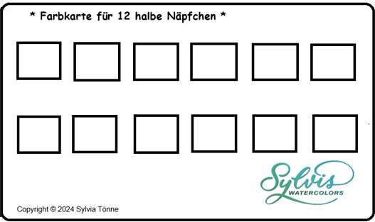 Farbkarte für größere Dose auf Aquarellpapier, Felder für 12 halbe Näpfchen