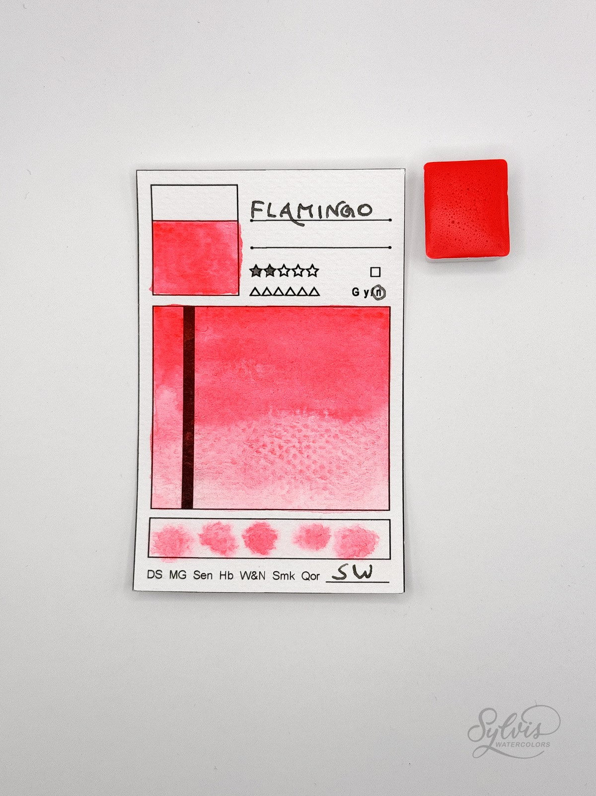kleine Farbkarte Flamingo im viertel Näpfchen – handgemachte Aquarellfarbe auf Aquarellpapier, nicht lichtecht, UV-aktiv, Neon