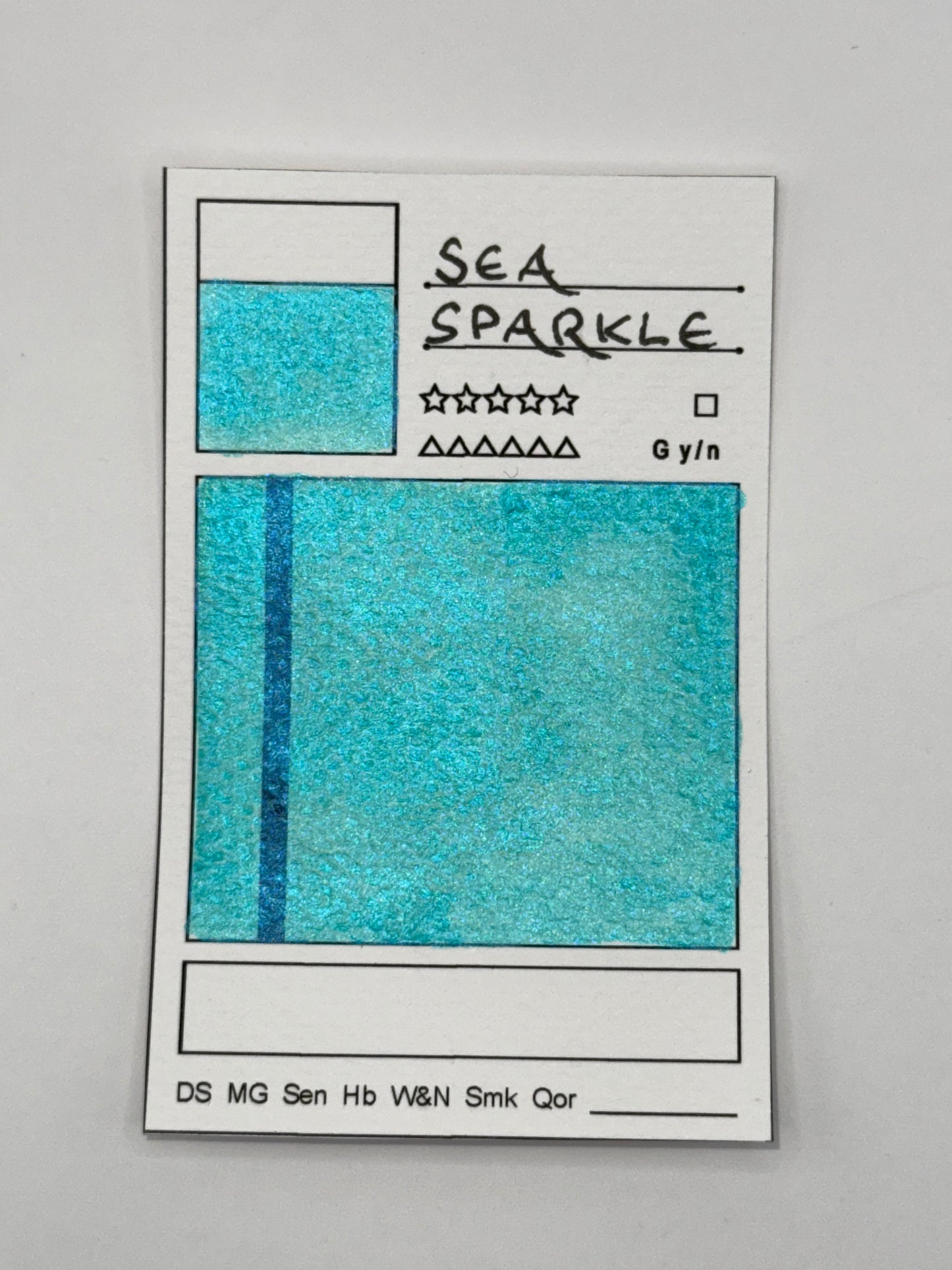 kleine Farbkarte Sea Sparkle – handgemachte Aquarellfarbe auf Aquarellpapier, höchste Lichtechtheit, Glitzerfarbe, MICA