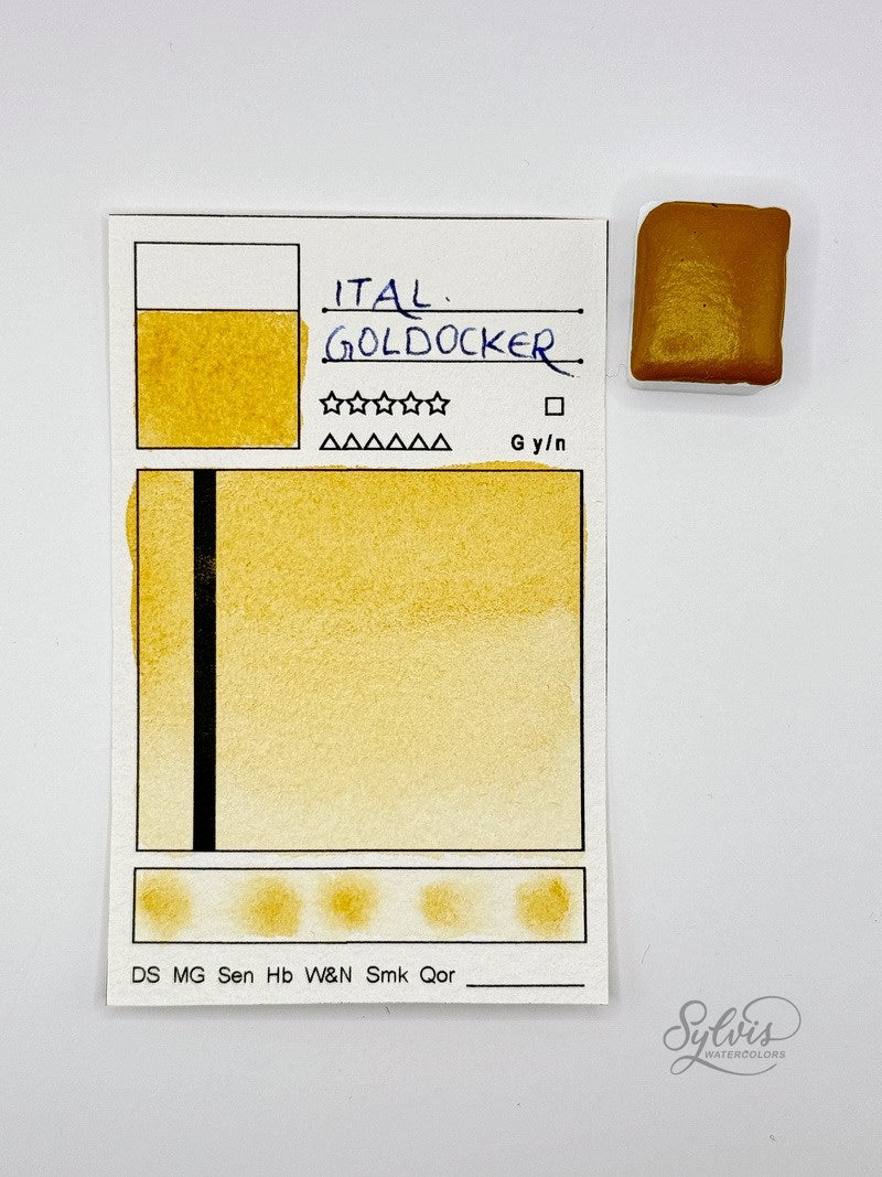 kleine Farbkarte Italian Goldochre mit halbem Näpfchen – handgemachte Aquarellfarbe auf Aquarellpapier, höchste Lichtechtheit
