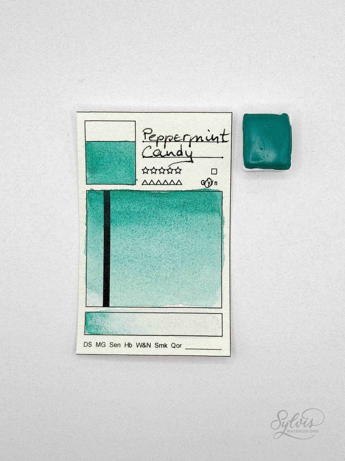 kleine Farbkarte Peppermint Candy mit halbem Näpfchen – handgemachte Aquarellfarbe auf Aquarellpapier, höchste Lichtechtheit