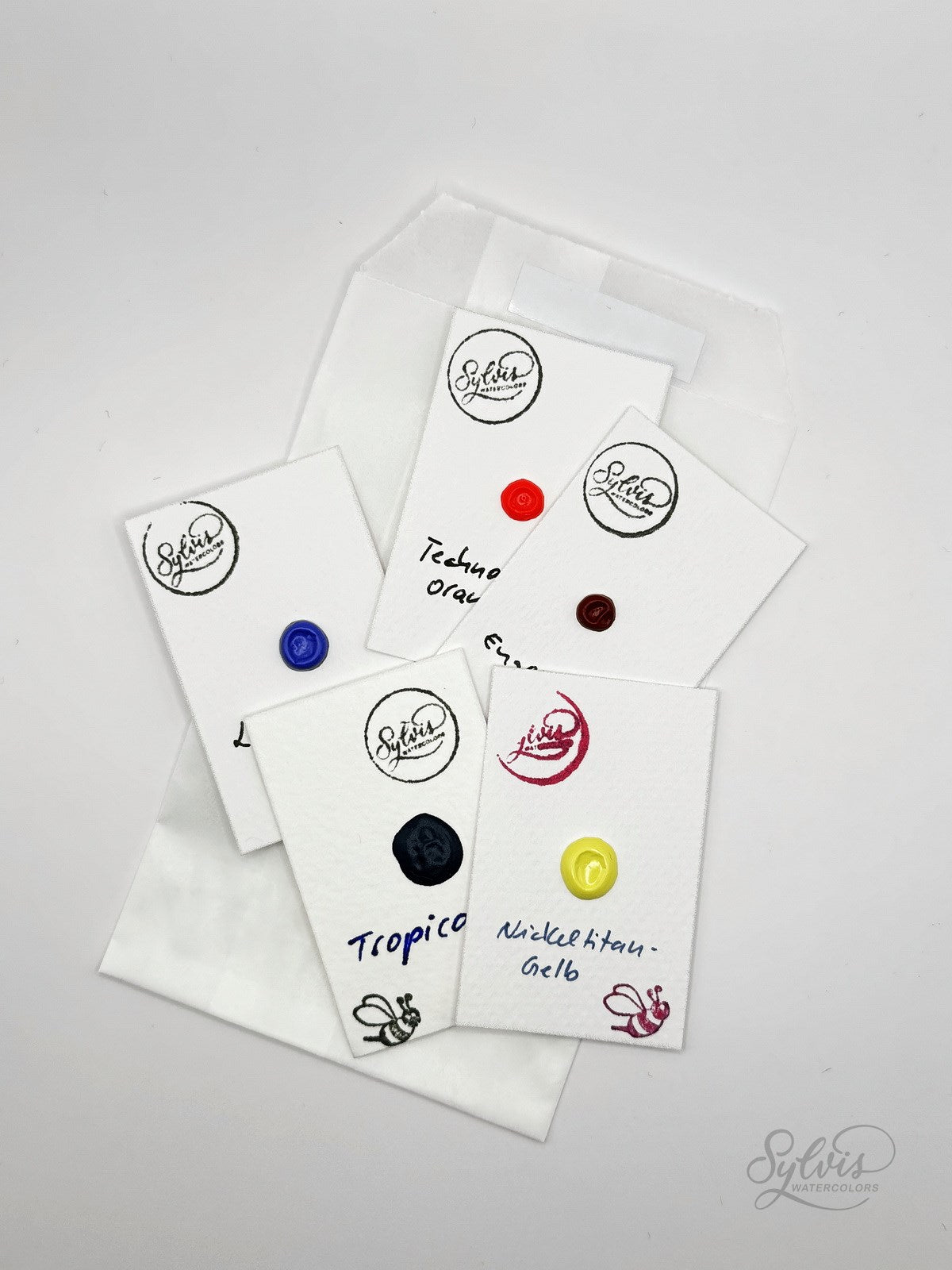 5 kleine Aquarellpapierkarten mit je einem Farbprobepunkt (Dottie) - handgemachte Aquarellfarbe in Künstlerqualität