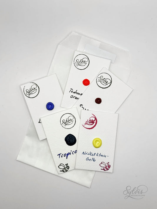 5 kleine Aquarellpapierkarten mit je einem Farbprobepunkt (Dottie) - handgemachte Aquarellfarbe in Künstlerqualität