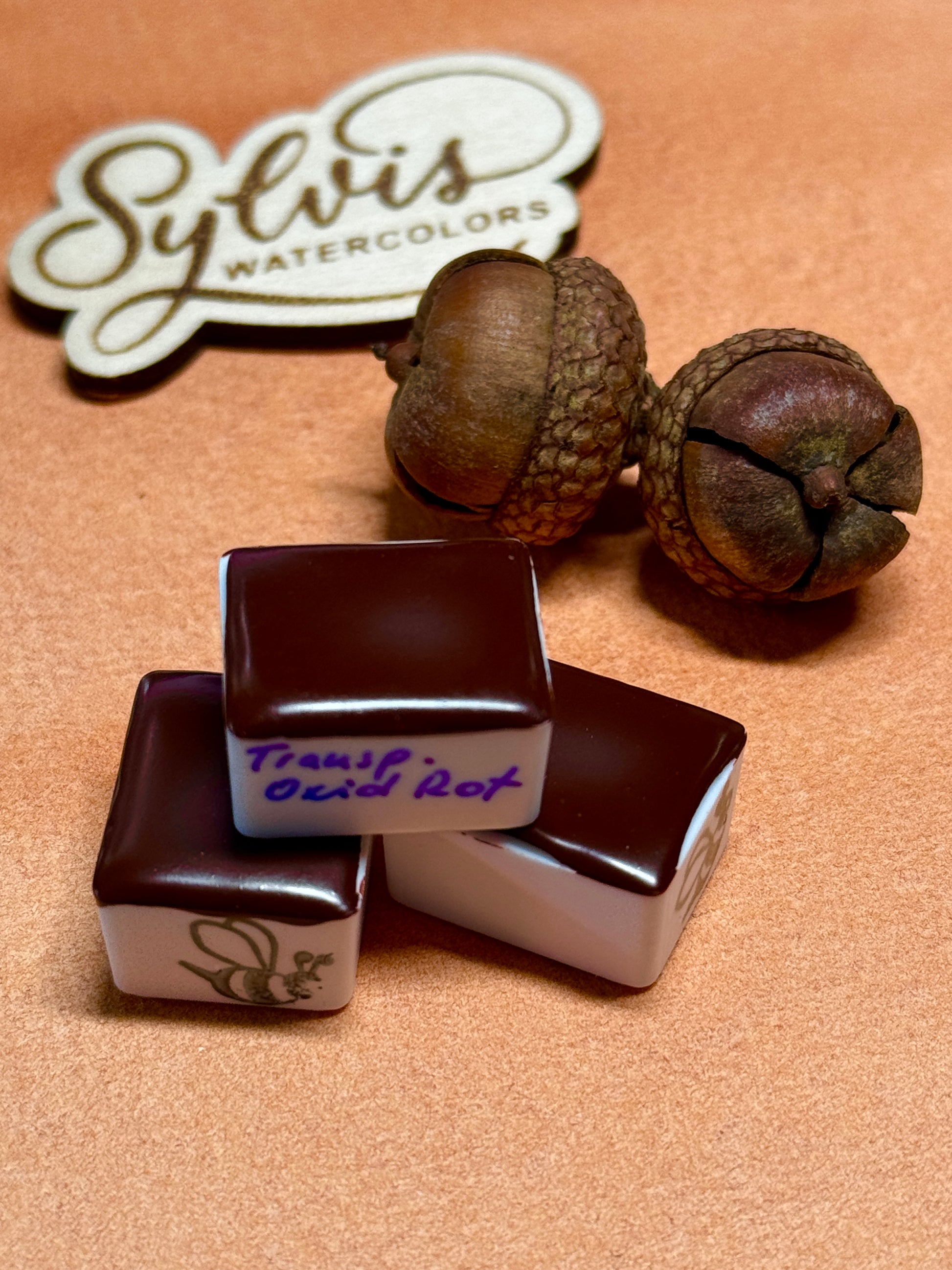 drei halbe Näpfchen Transparent Oxid Rot auf Farbswatch liegend, Eichel als Deko und Holzlogo im Hintergrund