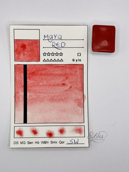 kleine Farbkarte Maya Red mit halbem Näpfchen – handgemachte Aquarellfarbe auf Aquarellpapier, höchste Lichtechtheit
