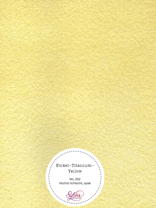 Farbkarte Nickel Titanium Yellow – handgemachte Aquarellfarbe auf Aquarellpapier, höchste Lichtechtheit