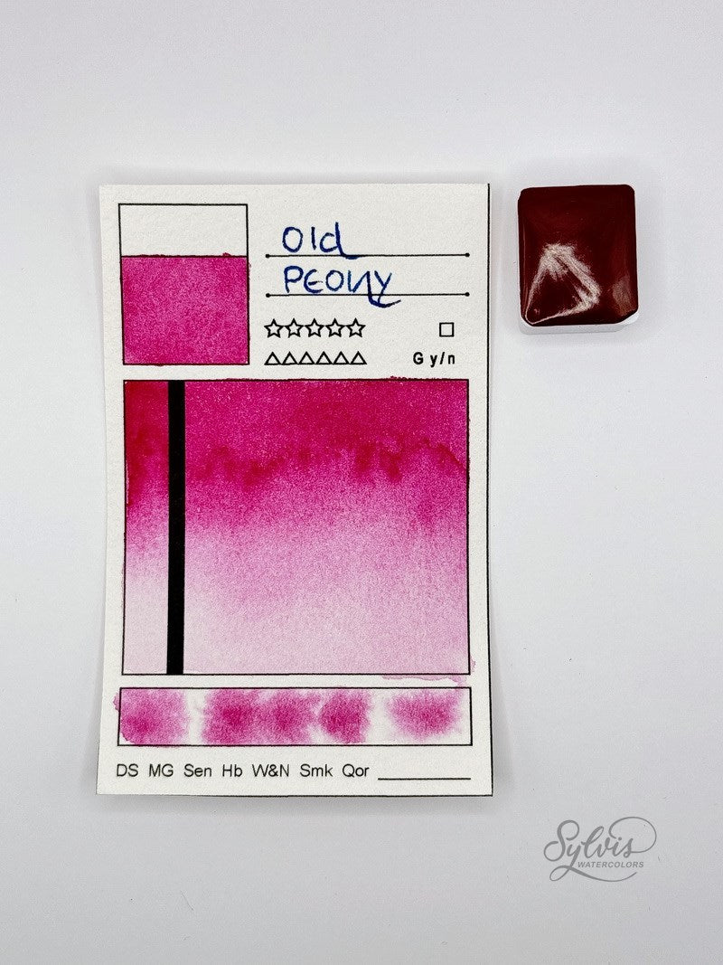 kleine Farbkarte Quinacridone Pink "Old Peony" mit halbem Näpfchen – handgemachte Aquarellfarbe auf Aquarellpapier, höchste Lichtechtheit“