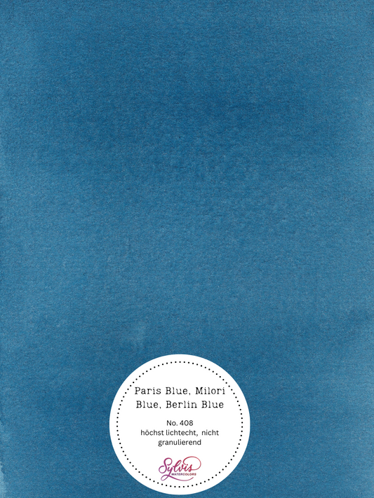 Farbkarte Paris Blue, Milori Blue, Berlin Blue  – handgemachte Aquarellfarbe auf Aquarellpapier, höchste Lichtechtheit

