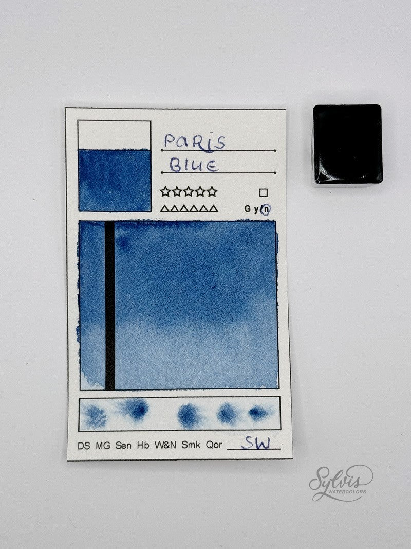 kleine Farbkarte Paris Blue, Milori Blue, Berlin Blue mit halbem Näpfchen – handgemachte Aquarellfarbe auf Aquarellpapier, höchste Lichtechtheit