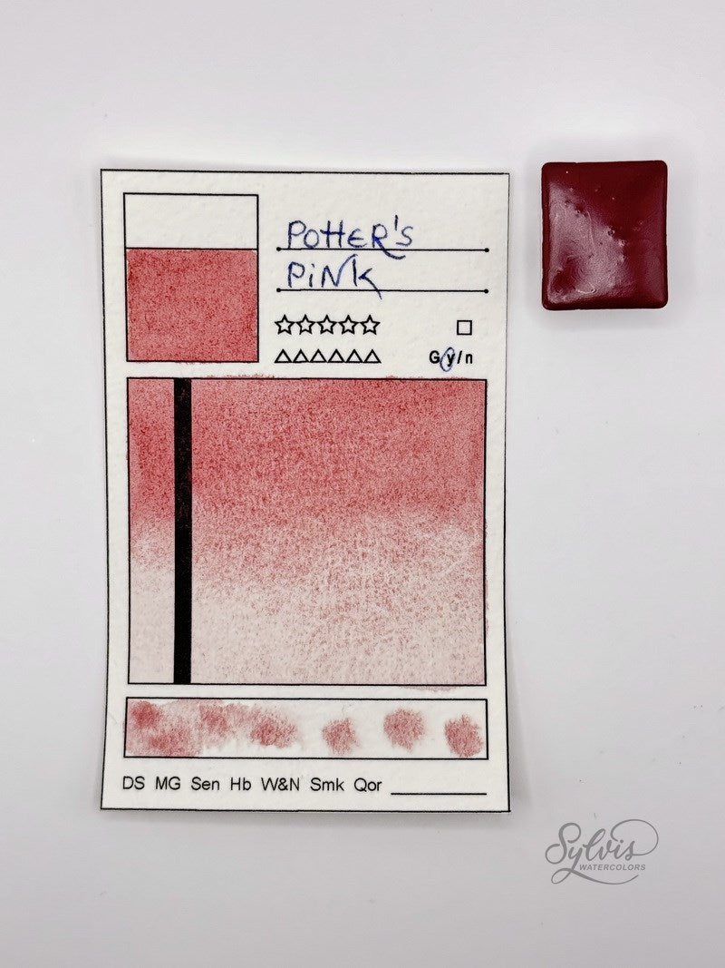 kleine Farbkarte Potter's Pink  mit halbem Näpfchen – handgemachte Aquarellfarbe auf Aquarellpapier, höchste Lichtechtheit