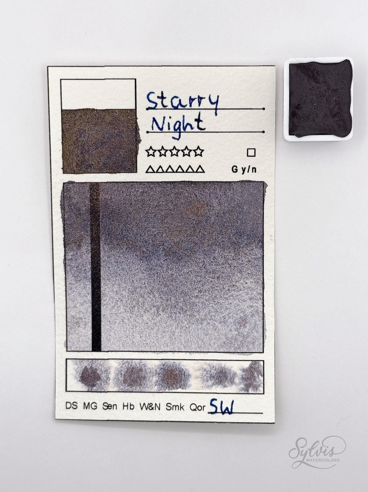 kleine Farbkarte Starry NIght mit halbem Näpfchen – handgemachte Aquarellfarbe auf Aquarellpapier, höchste Lichtechtheit