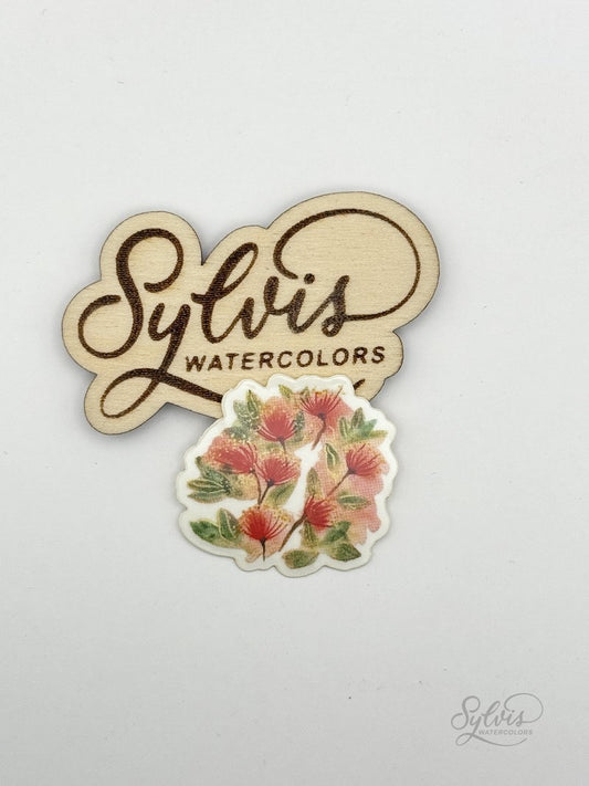 Vinylsticker mit Blume Ohi'a Lehua auf Holzlogo Sylvis Watercolors