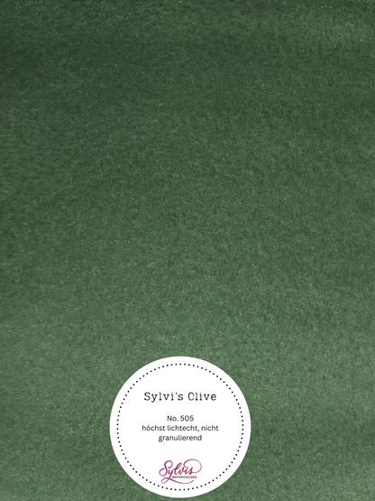 Farbkarte Sylvi's Olive – handgemachte Aquarellfarbe auf Aquarellpapier, höchste Lichtechtheit