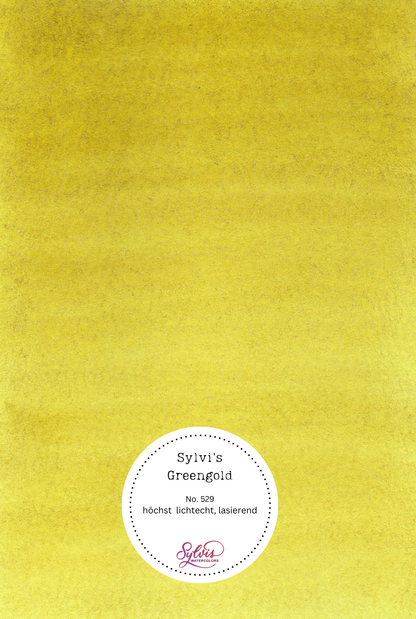 Farbswatch auf Aquarellpapier der Farbe Sylvi's Greengold