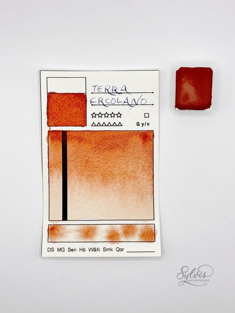 kleine Farbkarte Terra Ercolano mit halbem Näpfchen – handgemachte Aquarellfarbe auf Aquarellpapier, höchste Lichtechtheit