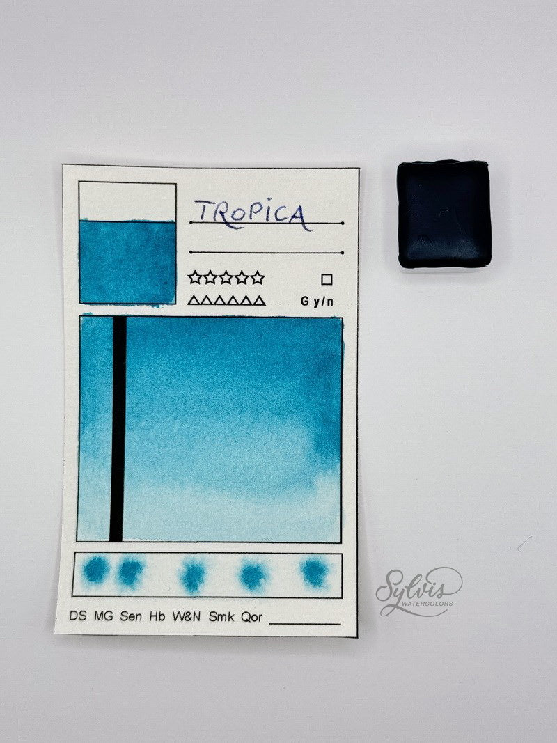 kleine Farbkarte Tropica mit halbem Näpfchen – handgemachte Aquarellfarbe auf Aquarellpapier, höchste Lichtechtheit